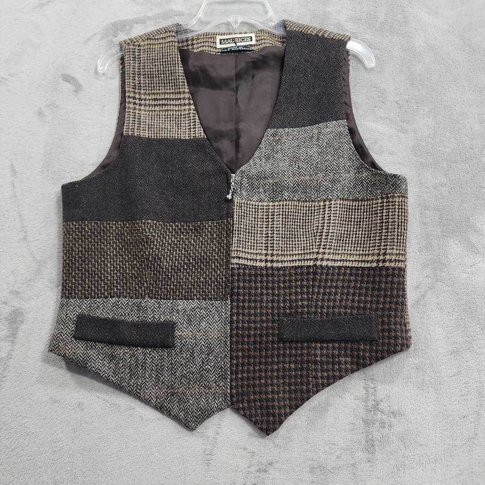 Vintage Maurices Vest Women L Brown Patchwork Plaid Full Zip Wool Tweed Academia
